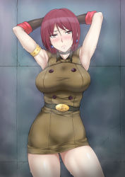 Rule 34 | 1girl, armband, armpits, arms up, belt, black beat, blush, breasts, choker, earrings, embarrassed, female focus, hip focus, indoors, jewelry, large breasts, red eyes, red hair, short hair, smell, snk, solo, standing, steam, sweat, the king of fighters, thigh gap, thighs, wall, whip (kof)