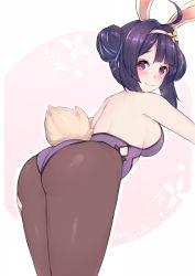 Rule 34 | 1girl, ahoge, alternate costume, alternate hairstyle, animal ears, ass, azur lane, bare shoulders, bent over, blunt bangs, breasts, breath, brown pantyhose, closed mouth, dated, fake animal ears, floral background, from behind, hairband, hand on own ass, kemonomimi mode, kuavera, leaning forward, leotard, looking back, medium breasts, ning hai (azur lane), ning hai (moon palace rabbit) (azur lane), pantyhose, playboy bunny, purple eyes, purple hair, purple leotard, rabbit ears, rabbit tail, raised eyebrows, sideboob, sidelocks, smile, solo, standing, tail, tareme, twitter username, two-tone background, white hairband