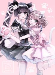 Rule 34 | 2girls, :3, aegyo sal, animal ears, animal hands, black dress, black hair, blue eyes, blush, bow, breasts, brown hair, cat ears, cat tail, ciao churu, cleavage, dress, fake animal ears, fake tail, gloves, hair ribbon, highres, himeno-chan (min), hug, long hair, looking at viewer, medium breasts, min (mts2314), mouth hold, multiple girls, one eye closed, open mouth, original, paw gloves, pet food, pink background, pink bow, pink dress, puffy short sleeves, puffy sleeves, ribbon, short hair, short sleeves, smile, socks, standing, standing on one leg, syu-chan (min), tail, thighhighs, twintails, white ribbon, white socks, white thighhighs