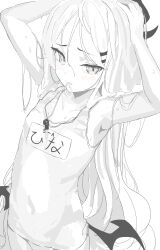 Rule 34 | 1girl, absurdres, arms up, blue archive, blush, commentary, dociracira, greyscale, hair ornament, hair strand, hair tie in mouth, hairclip, hands on own head, highres, hina (blue archive), hina (swimsuit) (blue archive), horns, long hair, looking at viewer, low wings, monochrome, mouth hold, name tag, one-piece swimsuit, school swimsuit, simple background, solo, spot color, swimsuit, very long hair, wet, wet hair, whistle, whistle around neck, wings