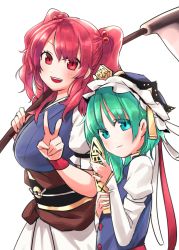 Rule 34 | 2girls, :d, asymmetrical hair, bad id, bad pixiv id, blue vest, blush, breasts, from side, green eyes, green hair, hair bobbles, hair ornament, hat, highres, japanese clothes, juliet sleeves, large breasts, long hair, long sleeves, looking at viewer, looking to the side, mappe (778exceed), multiple girls, obi, onozuka komachi, open mouth, over shoulder, puffy sleeves, red eyes, red hair, rod of remorse, sash, scythe, shiki eiki, smile, touhou, twintails, two side up, upper body, vest, weapon, weapon over shoulder, wristband