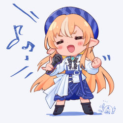 Rule 34 | 1girl, beret, black footwear, blonde hair, blue hat, blue skirt, blush, boots, chibi, clenched hand, grey background, hat, highres, holding, holding microphone, hololive, long hair, microphone, multicolored hair, music, musical note, open mouth, orange hair, plaid, plaid headwear, pointy ears, sasaki (glass1138), shiranui flare, simple background, singing, skirt, solo, standing, streaked hair, virtual youtuber
