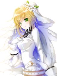 Rule 34 | 10s, 1girl, blonde hair, bridal veil, chain, commentary, fate/extra, fate/extra ccc, fate (series), flower, gloves, green eyes, hair flower, hair intakes, hair ornament, hand on own chest, highres, long sleeves, looking at viewer, nero claudius (bride) (fate), nero claudius (fate), nero claudius (fate) (all), rai miruku, solo, upper body, veil, white background, white gloves
