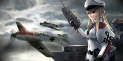 Rule 34 | 10s, 1girl, aircraft, aircraft carrier, balkenkreuz, bf 109, black gloves, blonde hair, breasts, capelet, celtic knot, cloud, cloudy sky, cross, driftkingtw, fairy (kancolle), flight deck, gloves, graf zeppelin (kancolle), grey eyes, gun, hat, highres, iron cross, kantai collection, large breasts, military, military uniform, military vehicle, multiple aircraft, ocean, outdoors, peaked cap, ship, sidelocks, sky, twintails, uniform, upper body, vehicle focus, warship, water, watercraft, weapon