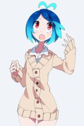 Rule 34 | 1girl, ahoge, blue hair, bottomless, collarbone, cowboy shot, dress, dress shirt, grey background, hair ornament, hairclip, highres, looking up, mikan (mkn 0710), open mouth, original, red eyes, shirt, short hair, simple background, solo, sweater, sweater dress
