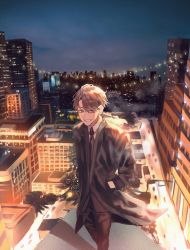 Rule 34 | 1boy, air (airzzz ), bad id, bad pixiv id, black necktie, brown hair, building, car, christmas tree, city, collared shirt, feet out of frame, glowing, hands in pockets, highres, male focus, motor vehicle, necktie, night, original, outdoors, parted lips, shadow, shirt, short hair, smile, solo, standing, white shirt