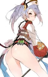 Rule 34 | 10s, 1girl, ass, bad id, bad twitter id, cross, cross earrings, dutch angle, earrings, from behind, granblue fantasy, hat, highres, jewelry, leaning forward, looking back, no panties, silver hair, simple background, sketch, solo, sophia (granblue fantasy), staff, twintails, unkq, white background, yellow eyes