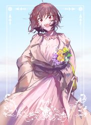 Rule 34 | 1girl, :d, april, bouquet, brown coat, brown hair, coat, dress, flower, flower necklace, framed, highres, holding, holding bouquet, jewelry, long dress, necklace, open mouth, original, pink dress, red eyes, short hair, smile, wata (attaka towel)