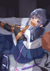 Rule 34 | 1girl, absurdres, bag, bdsm, black hair, black pantyhose, blue eyes, blue sailor collar, blue skirt, blush, bound, bound arms, bound legs, breasts, controller, dildo, female focus, from behind, gag, gagged, hair tie, highres, improvised gag, indoors, kaga mi, long hair, long sleeves, looking at viewer, looking back, miniskirt, nose blush, on bed, original, own hands together, pantyhose, pillow, pleated skirt, ponytail, remote control, remote control vibrator, sailor collar, school uniform, serafuku, sex toy, shiny clothes, shirt, sitting, skirt, small breasts, solo, tape, tape gag, vibrator, vibrator cord, vibrator under clothes, white shirt