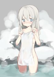 Rule 34 | 1girl, bad id, bad pixiv id, blonde hair, blue eyes, grey background, hair between eyes, hasegawa (rarairairai), highres, holding, holding towel, kantai collection, long hair, nude, onsen, partially submerged, simple background, solo, standing, towel, u-511 (kancolle), wading, wet