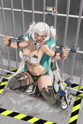 Rule 34 | 1girl, absurdres, alabama (azur lane), angry, aronman, azur lane, bare shoulders, bars, bikini, bikini under clothes, black bikini, black footwear, black thighhighs, blood, blood on clothes, blood stain, body markings, breasts, chinese commentary, cleavage, clenched hands, clothes writing, coat, coat on shoulders, collarbone, commentary request, commission, cuffs, dark-skinned female, dark skin, detached collar, facial mark, full body, hair between eyes, handcuffs, highleg, highleg bikini, highres, iron bars, large breasts, long coat, long hair, looking at viewer, navel, open clothes, open coat, open mouth, prison, prison cell, red eyes, restrained, second-party source, shackles, shadow, shoes, short shorts, shorts, sidelocks, skindentation, sneakers, solo, squatting, strapless, sweat, swimsuit, teeth, thighhighs, tube top, twintails, very long hair, whisker markings, white coat, white hair, white tube top
