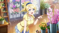 Rule 34 | 1girl, artist request, ayase eli, blonde hair, blue eyes, blue scrunchie, blush, bracelet, breasts, collarbone, female focus, hair between eyes, hair ornament, hair over shoulder, hair scrunchie, jewelry, long hair, looking at viewer, love live!, love live! school idol festival, love live! school idol festival all stars, love live! school idol project, medium breasts, necklace, parted lips, polka dot, polka dot scrunchie, ponytail, scrunchie, shirt, skirt, smile, solo, yellow shirt