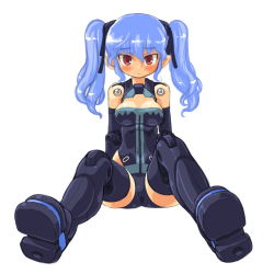 Rule 34 | 10s, 1girl, bad id, bad pixiv id, bare shoulders, black footwear, black gloves, black thighhighs, blue hair, blush, boots, breasts, busou shinki, cleavage, cleavage cutout, clothing cutout, dd (ijigendd), doll joints, elbow gloves, foreshortening, gloves, hair ribbon, highleg, highleg leotard, joints, leotard, long hair, pointy ears, red eyes, ribbon, sidelocks, simple background, sitting, small breasts, solo, thigh boots, thighhighs, twintails, valona, varona, wavy hair, white background