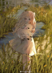 Rule 34 | 1girl, animal, blonde hair, chinese commentary, commentary request, day, dress, eyelashes, feet out of frame, grass, grey eyes, highres, holding, holding animal, kneehighs, knees, lamb, light particles, long hair, looking at viewer, medium dress, original, outdoors, parade, sample watermark, sheep, short sleeves, socks, solo, ssssudhjdqvx, stream, two side up, watermark, wavy hair, weibo logo, weibo watermark, white dress, white sleeves, white socks