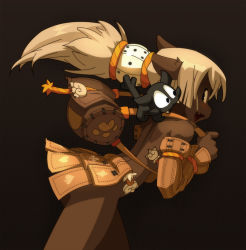 Rule 34 | 1girl, :d, animal, backpack, bag, bare shoulders, black background, blush, bow meow (wakfu), cat, cowboy shot, dark skin, detached sleeves, ecaflip, fangs, from side, looking back, open mouth, pet, pointy ears, ponytail, simple background, skirt, smile, upper body, wakfu, white hair, xaxaxa