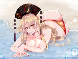 Rule 34 | 1girl, absurdres, ass, bare arms, bare shoulders, beach, bikini, blonde hair, blush, breasts, cleavage, collarbone, commentary request, grin, hair between eyes, head tilt, headdress, highres, junko (touhou), kurokan (kokkyou oudan), large breasts, long hair, looking at viewer, lying, mature female, nail polish, ocean, on stomach, parted lips, red bikini, red eyes, red nails, sidelocks, smile, solo, swimsuit, tassel, touhou, twisted torso, water, water drop