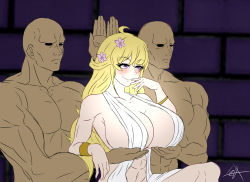 Rule 34 | 1girl, 2boys, abs, absurdres, blonde hair, breasts, cleavage, highres, huge breasts, multiple boys, muscle tone, muscular, muscular arms, muscular female, muscular male, muscular woman, no bra, parody, rwby, shuumatsu no valkyrie, yang xiao long