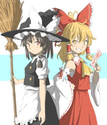 Rule 34 | 2girls, alternate hairstyle, apron, ascot, black hair, black hat, blonde hair, bow, braid, broom, buttons, commentary request, cosplay, costume switch, detached sleeves, grin, hair bow, hair tubes, hakurei reimu, hat, hat bow, holding, inuno rakugaki, kirisame marisa, long skirt, looking at viewer, messy hair, multiple girls, ofuda, ponytail, puffy short sleeves, puffy sleeves, red bow, red eyes, red skirt, ribbon-trimmed sleeves, ribbon trim, sarashi, short sleeves, side braid, skirt, skirt set, smile, standing, teeth, touhou, vest, waist apron, white bow, yellow eyes