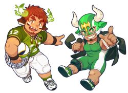 Rule 34 | 2boys, american football helmet, american football uniform, animal ears, bara, black hair, brown eyes, brown hair, bulge, chibi, covered abs, cow boy, cow ears, cow horns, dark-skinned male, dark skin, facial hair, fake animal ears, fiery horns, forked eyebrows, full body, glowing horns, goatee, gozu farm, green shirt, helmet, horns, ikusaba daisuke, male focus, multiple boys, muscular, muscular male, pectoral cleavage, pectorals, pointing, pointing at viewer, shirt, short hair, short sleeves, shorts, sidepec, spiked hair, sportswear, taurus mask, thick eyebrows, tight clothes, tight shirt, tokyo houkago summoners, wakan tanka, white background, white shorts, wrestling mask, wrestling outfit