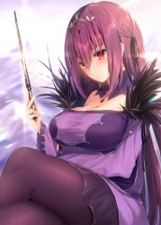 Rule 34 | 1girl, :o, arm under breasts, blurry, blurry background, breasts, cleavage, crossed legs, dress, fate/grand order, fate (series), fur trim, hair between eyes, hair ribbon, highres, holding, holding wand, horizon, jewelry, large breasts, long hair, looking at viewer, navy (navy.blue), outdoors, pantyhose, purple dress, purple hair, red eyes, ribbon, scathach (fate), scathach skadi (fate), snow, solo, tiara, wand