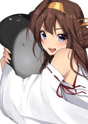 Rule 34 | 10s, 1girl, aqua eyes, bare shoulders, blush, brown hair, detached sleeves, double bun, hairband, headgear, i-class destroyer, japanese clothes, kantai collection, kongou (kancolle), kuchiku i-kyuu, long hair, mataro (matarou), nontraditional miko, one-hour drawing challenge, open mouth, ribbon-trimmed sleeves, ribbon trim, smile, solo