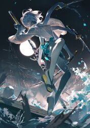 Rule 34 | 1girl, aqua bow, aqua eyes, black skirt, blonde hair, blurry, blurry foreground, bow, breasts, character request, cmpovar, dual wielding, extra arms, feet, floating, from below, highres, holding, holding sword, holding weapon, legs, long sleeves, looking at viewer, mask, miniskirt, moon, mouth mask, night, ocean, onmyoji: the card game, open clothes, open shirt, outdoors, sandals, ship, shirt, short hair, skirt, small breasts, solo, sparkle, splashing, sword, toenails, toes, water, watercraft, weapon, white shirt, wood