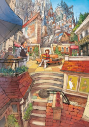 Rule 34 | 5girls, 6+boys, acoustic guitar, cityscape, closed eyes, guitar, instrument, matsuda (matsukichi), multiple boys, multiple girls, original, perspective, scenery, solo focus, stairs, town