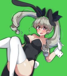 Rule 34 | 1girl, absurdres, anchovy (girls und panzer), animal ears, bare shoulders, black ribbon, blush, breasts, bright pupils, cleavage, commentary, drill hair, fake animal ears, fake tail, floating, floating hair, girls und panzer, gloves, green background, green hair, hair ribbon, highres, kshimu, legs, leotard, long hair, looking at viewer, medium breasts, open mouth, playboy bunny, rabbit ears, rabbit tail, red eyes, ribbon, simple background, skindentation, smile, solo, strapless, strapless leotard, tail, thighhighs, twin drills, twintails, white gloves, white pupils, white thighhighs, wrist cuffs
