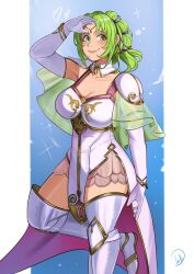 Rule 34 | 1girl, absurdres, blue background, boots, breasts, circlet, collarbone, commentary, commission, deliciousbrain, detached sleeves, dress, eyelashes, fire emblem, fire emblem: the sacred stones, gloves, gold trim, green eyes, highres, knee boots, l&#039;arachel (fire emblem), large breasts, medium hair, nintendo, outside border, pelvic curtain, pillarboxed, signature, smile, solo, standing, standing on one leg, white dress, white footwear, white gloves