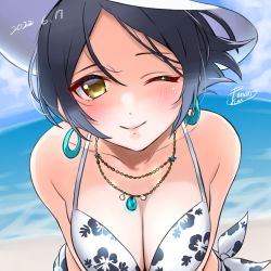 Rule 34 | 1girl, beach, bikini, black hair, blue hair, blush, breasts, breasts squeezed together, cleavage, dated, hat, hayami kanade, highres, idolmaster, idolmaster cinderella girls, jewelry, larmen141, looking at viewer, medium breasts, necklace, one eye closed, parted bangs, short hair, solo, sun hat, swimsuit, white bikini, wink, yellow eyes