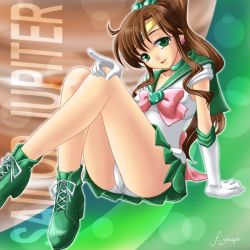 Rule 34 | 1990s (style), 1girl, arm support, bishoujo senshi sailor moon, boots, bow, brooch, brown hair, character name, choker, crossed legs, elbow gloves, gloves, green eyes, green footwear, green skirt, heart, heart brooch, jewelry, kino makoto, long hair, nzack, pink bow, pointing, ponytail, retro artstyle, sailor jupiter, sailor senshi, sitting, skirt, solo, tiara, white gloves