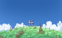 Rule 34 | 2girls, bad id, bad pixiv id, brown hair, cloud, commentary, day, field, flower, hand on own head, highres, holding hands, long hair, multiple girls, open mouth, original, post-apocalypse, ruins, scenery, school uniform, serafuku, shapoco, sky, smile, twintails, twitter username, wide shot, wind