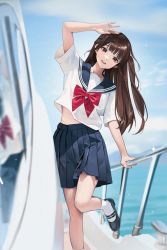 Rule 34 | 1girl, absurdres, against railing, arm support, arm up, black footwear, blue sailor collar, blue skirt, blurry, blurry background, brown eyes, brown hair, clothes lift, cloud, day, de nim, hand on own head, head tilt, highres, light blush, long hair, looking at viewer, mary janes, neckerchief, open mouth, original, outdoors, photo-referenced, pleated skirt, railing, red neckerchief, reflection, sailor collar, salute, school uniform, serafuku, shirt lift, shoes, short sleeves, skirt, sky, smile, socks, solo, standing, standing on one leg, teeth, thighs, upper teeth only, water, white socks