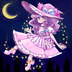 Rule 34 | 1girl, alternate color, bow, braid, color switch, crescent, crescent moon, grin, hair bow, hat, hat bow, kirisame marisa, komaku juushoku, moon, patchouli knowledge, purple eyes, purple hair, side braid, simple background, smile, solo, star (symbol), touhou, witch hat