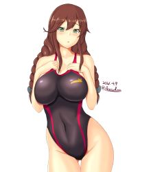 Rule 34 | 1girl, black one-piece swimsuit, braid, breasts, brown hair, competition swimsuit, cowboy shot, dated, green eyes, highleg, highleg swimsuit, highres, impossible clothes, impossible swimsuit, kantai collection, large breasts, looking at viewer, montemasa, noshiro (kancolle), one-piece swimsuit, simple background, solo, swept bangs, swimsuit, twin braids, twitter username, two-tone swimsuit, white background