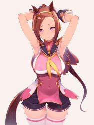 Rule 34 | 1girl, absurdres, animal ears, armpits, arms up, black shorts, breasts, brown hair, closed mouth, commentary request, covered navel, epaulettes, gloves, grey background, highres, horse ears, horse girl, horse tail, large breasts, long hair, looking at viewer, masaoka misaki, ponytail, purple eyes, sakura bakushin o (umamusume), shorts, silver hair, smile, solo, tail, thighhighs, thighs, umamusume, uniform, white thighhighs, yellow neckwear