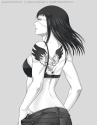 Rule 34 | 1girl, back, back tattoo, bare shoulders, black bra, black hair, bra, breasts, commentary request, denim, eyepatch, from behind, greyscale, gumbat, jeans, jormungand (manga), long hair, monochrome, muscular, muscular female, pants, parted lips, sofia valmer, solo, tattoo, underwear