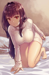 Rule 34 | 1girl, alternate costume, arm support, bare legs, bed, bed sheet, breasts, contemporary, dress, fate/grand order, fate (series), hair over shoulder, indoors, kibamigohann, kneeling, large breasts, light smile, lips, long hair, purple hair, red eyes, ribbed sweater, scathach (fate), sketch, solo, sweater, sweater dress, turtleneck, turtleneck sweater, white sweater