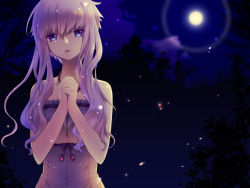 Rule 34 | 1girl, bare shoulders, blue eyes, highres, long hair, looking at viewer, moon, night, oumi sanaka, outdoors, own hands clasped, own hands together, purple hair, short hair with long locks, solo, twintails, vocaloid, voiceroid, yuzuki yukari