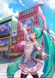 Rule 34 | 1girl, 39, absurdres, aqua hair, artist self-reference, bespectacled, building, closed eyes, cloud, commentary request, day, duplicate, glasses, hatsune miku, headphones, headphones around neck, highres, jewelry, long hair, nail polish, necklace, oop, open mouth, osanpo style (module), outstretched arms, photoshop (medium), pixel-perfect duplicate, project diva (series), recording, sega, skirt, sky, solo, spread arms, spring onion, thighhighs, twintails, very long hair, viewfinder, vocaloid, walking