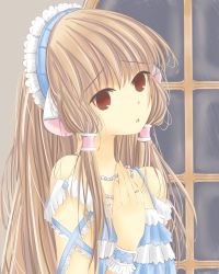 Rule 34 | 1girl, bead necklace, beads, blonde hair, blue dress, bracelet, brown eyes, chii, chobits, commentary, dress, flat chest, frilled bracelet, frilled dress, frills, hair tubes, hand on own chest, head tilt, highres, jewelry, lips, long hair, maid headdress, necklace, open mouth, raised eyebrows, sidelocks, solo, tareme, two-tone dress, upper body, user pwjt8483, white dress, window, worried