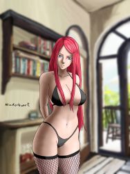 Rule 34 | 1girl, ass, bikini, blue eyes, blurry, blurry background, breasts, fishnet legwear, fishnets, highres, long hair, looking at viewer, naruto (series), non-web source, red hair, ricky4art, self-upload, smile, solo, standing, stomach, summer, swimsuit, thighs, thong, underwear, uzumaki kushina
