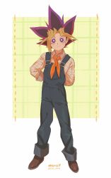 Rule 34 | 1boy, alternate costume, arms behind back, artist name, brown footwear, closed mouth, collared shirt, commentary request, dyed bangs, full body, highres, light blush, long sleeves, looking at viewer, male focus, multicolored hair, muto yugi, orange hair, overalls, plaid, purple eyes, purple hair, shirt, shoes, sini sann, smile, solo, spiked hair, standing, yu-gi-oh!