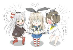 Rule 34 | &gt; &lt;, 10s, 3girls, amatsukaze (kancolle), blonde hair, brown hair, closed eyes, commentary request, dress, flying sweatdrops, garter straps, hairband, highleg, highleg panties, human tug of war, kantai collection, lifebuoy, long hair, miniskirt, multicolored clothes, multicolored legwear, multiple girls, open mouth, panties, sailor dress, school uniform, serafuku, shimakaze (kancolle), short hair, silver hair, skirt, striped clothes, striped legwear, striped thighhighs, swim ring, tears, thighhighs, translation request, tsuchihara ai, two side up, underwear, wavy mouth, wedgie, yukikaze (kancolle)
