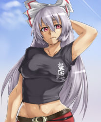 Rule 34 | 1girl, alternate costume, arm behind head, breasts, clothes writing, contemporary, female focus, fujiwara no mokou, houtengeki, impossible clothes, impossible shirt, large breasts, long hair, midriff, navel, red eyes, ribbon, shirt, silver hair, solo, t-shirt, touhou, translation request