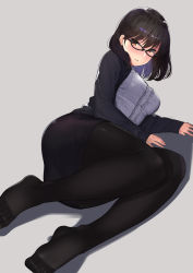 Rule 34 | 1girl, arm support, black-framed eyewear, black hair, black pantyhose, black skirt, black sweater, blush, breasts, brown eyes, commentary request, frilled shirt, frills, glasses, grey background, highres, kagematsuri, long sleeves, looking at viewer, lying, medium breasts, no shoes, on side, original, pantyhose, parted lips, pencil skirt, shadow, shirt, short hair, simple background, skirt, solo, sweater, white shirt