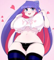 Rule 34 | 1girl, black panties, black thighhighs, blue eyes, blunt bangs, bow, breasts, bright pupils, clothes lift, clothes writing, colored inner hair, commentary request, cowboy shot, curvy, fang, hair bow, haseru (ginku mh), heart, huge breasts, lifted by self, looking at viewer, multicolored hair, navel, open mouth, panties, panty &amp; stocking with garterbelt, pink background, pink hair, pointy ears, shirt, shirt lift, simple background, skin fang, smile, stocking (psg), thighhighs, two-tone hair, underboob, underwear, white pupils, white shirt
