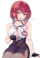 Rule 34 | 1girl, bare shoulders, black choker, black gloves, black skirt, breasts, choker, cleavage, collared shirt, commentary request, drop earrings, earrings, enipa 28, fang, fingerless gloves, gloves, heart, heterochromia, high-waist skirt, highres, hololive, houshou marine, houshou marine (businesswoman), id card, jewelry, large breasts, looking at viewer, official alternate costume, official alternate hair length, official alternate hairstyle, open mouth, pantyhose, partially unbuttoned, red eyes, red hair, shirt, short hair, sitting, skirt, sleeveless, sleeveless shirt, smile, smug, solo, virtual youtuber, white background, yellow eyes