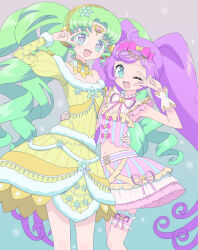 Rule 34 | 2girls, :d, ;d, ahoge, bare shoulders, bow, colored eyelashes, commentary request, cowboy shot, dress, falulu, falulu (awakened), forehead jewel, frilled skirt, frills, fur-trimmed dress, fur trim, green hair, grey eyes, hair bow, hair ornament, hand on another&#039;s waist, headphones, idol clothes, ku (residual666), long hair, looking at viewer, manaka laala, midriff, multiple girls, one eye closed, open mouth, parted bangs, pink bow, pink ribbon, pink shirt, pink skirt, pretty series, pripara, purple hair, ribbon, shirt, sidelocks, skirt, smile, snowflake hair ornament, standing, thigh strap, twintails, v, v over eye, very long hair, yellow dress