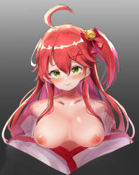 Rule 34 | 1girl, absurdres, ahoge, bare shoulders, bell, blush, breasts, breasts apart, closed mouth, collarbone, gradient background, grey background, hair bell, hair between eyes, hair ornament, hairclip, higashigure, highres, hololive, long hair, looking at viewer, medium breasts, nipples, one side up, pink hair, sakura miko, sakura miko (1st costume), solo, topless, upper body, virtual youtuber